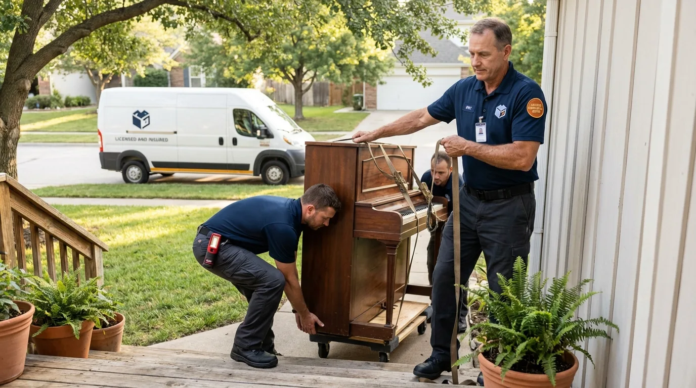 Licensed piano movers securing grand piano in Greenville, SC