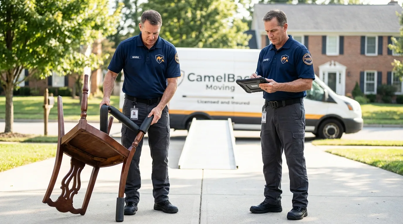 Movers inspecting furniture for damage prevention before loading in Greenville, SC