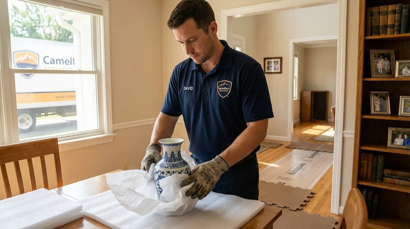 Professional crew carefully wrapping antique vase for senior downsizing move in Greenville, SC